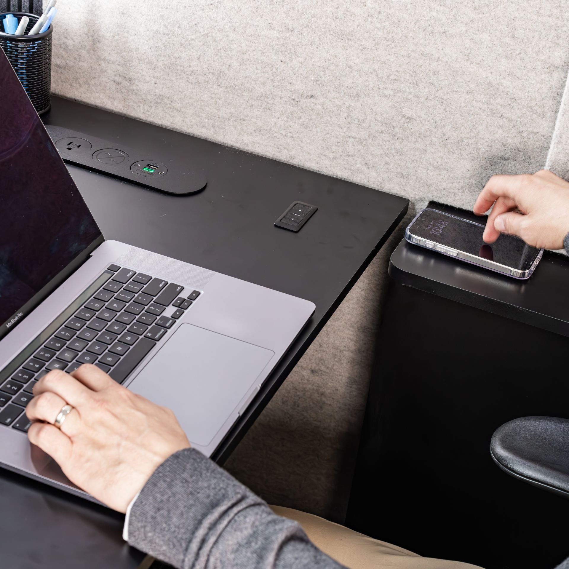 MeSpace Office Series Wireless Charger Cord-free device charging seamlessly integrated into your desk.